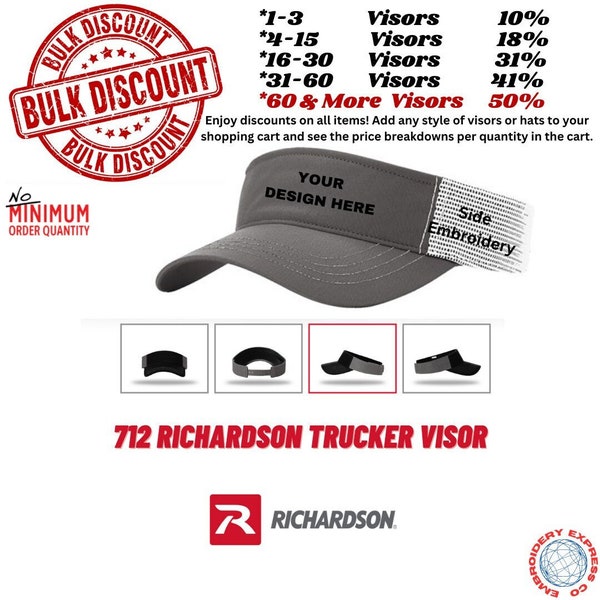 Sun Visors, 712 Richardson Trucker Visor,  Custom Embroidered on Visors, Personalized Text or Logo on Richardson Visors