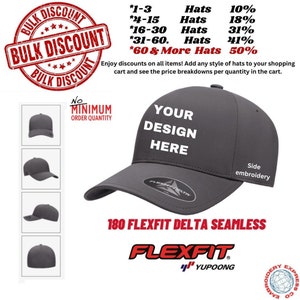 Custom Embroidery Fitted Hats, 180 Flexfit Delta Seamless, Embroidered Hats With Your Logo or Text
