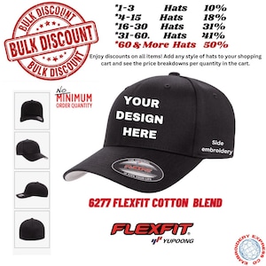Custom Embroidery Fitted Hats, 6277 Flexfit Cotton Blend,  Embroidered Hats With Your Logo or Text
