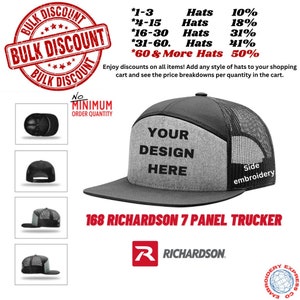 7 Panel Trucker Personalized Snapback Hats, Custom Embroidery Hats, Richardson 168 Richardson Trucker Hats, Seven Panel Hats, Snapback Hats