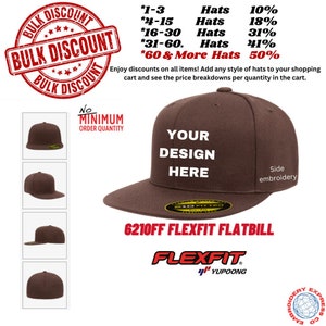 Custom Embroidery Fitted Hats, 6210FF Flexfit Flatbill  Embroidered Hats With Your Logo or Text