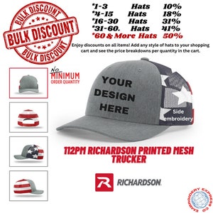 112PM Richardson Printed Mesh Trucker Hats, Custom Embroidery Hats,  Personalized Hats Heater Gray/Stars & Stripes