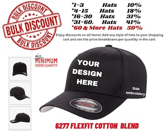 Custom Embroidery Fitted Hats, 6277 Flexfit Cotton Blend,  Embroidered Hats With Your Logo or Text