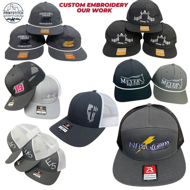 May include: A collection of custom embroidered flat bill snapback hats in various colors, including black, gray, and white. The hats feature different logos and text, such as "CHAMPION'S CHOICE", "Olney, TX", and "NASCO". The image also displays the text "CUSTOM EMBROIDERY OUR WORK".