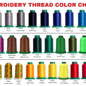 May include: An embroidery thread color chart with a variety of thread colors, including black, white, gray, navy, royal blue, and green. The chart displays the thread colors with their corresponding color codes. The text "EMBROIDERY THREAD COLOR CHART" is at the top.