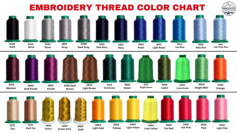 May include: An embroidery thread color chart with a variety of thread colors, including black, white, gray, navy, royal blue, and green. The chart displays the thread colors with their corresponding color codes. The text "EMBROIDERY THREAD COLOR CHART" is at the top.