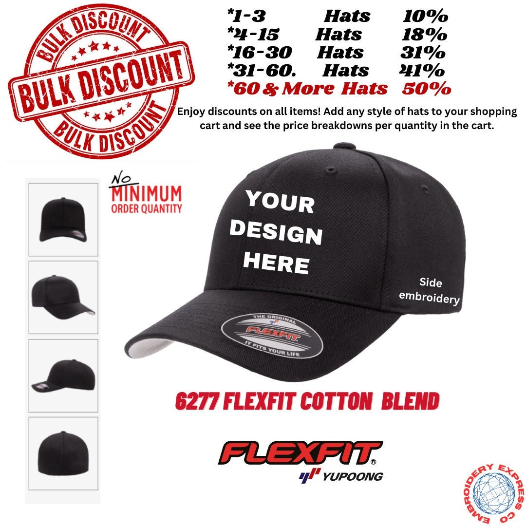 Custom Embroidery Fitted Hats 6277 Flexfit Cotton Blend Embroidered Hats With Your Logo or Text Etsy