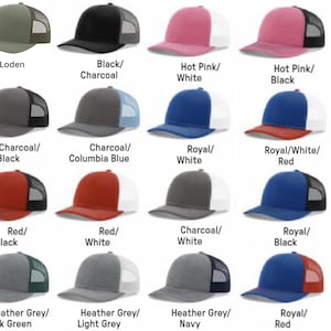May include: A variety of trucker hats in various colors, including white, black, pink, and blue, are displayed. Each hat features a mesh back and a solid front panel. Text on the image encourages customers to select a color and specify it in a personalization box.