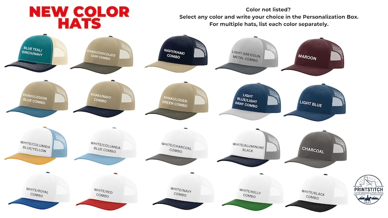 May include: A variety of trucker hats in different color combinations are displayed. The hats have a mesh back and a solid front panel. Text on the hats indicates the color combinations available, such as "Blue Teal/Bandanavy" and "White/Columbia Blue/Yellow".