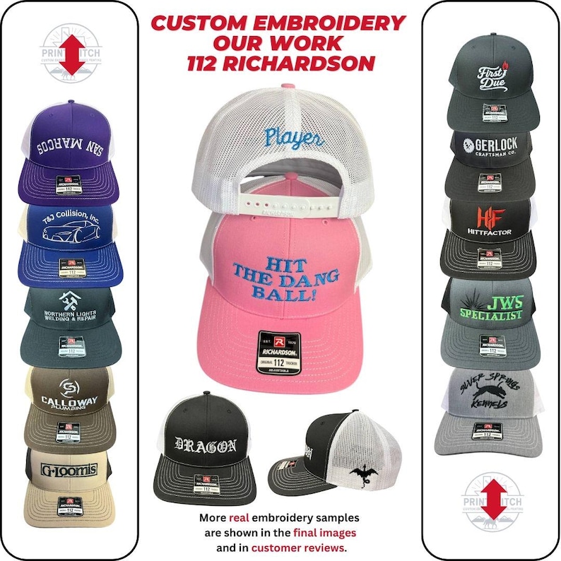 May include: A collection of custom embroidered trucker hats in various colors, including purple, pink, and gray. The hats feature different logos and text, such as "Player" and "Hit the Dang Ball!" The image also includes the text "Custom Embroidery Our Work 112 Richardson."