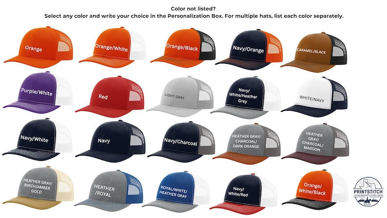 May include: A collection of trucker hats in various colors, including orange, navy, and purple, with white mesh backs. Each hat displays a different color combination, with text labels indicating the color scheme. The hats are displayed on a white background.