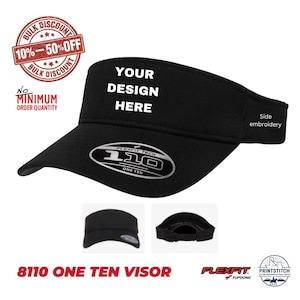 May include: A black visor featuring the text YOUR DESIGN HERE on the front panel and a Flexfit Tech 110 sticker on the brim. The visor includes a side embroidery area, an adjustable back strap, and the text 8110 ONE TEN VISOR at the bottom.