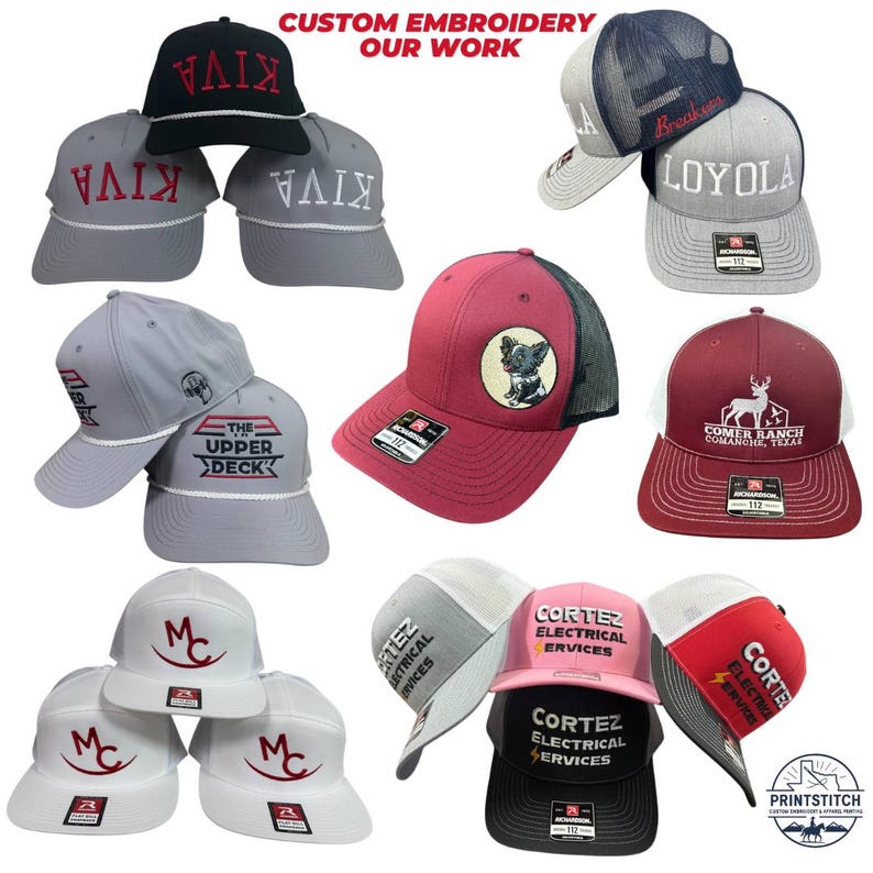 May include: A collection of custom embroidered baseball caps in various colors, including black, gray, red, and white. The caps feature different logos and text, such as "KIVA", "LOYOLA", and "CORTEZ ELECTRICAL SERVICES". The phrase "CUSTOM EMBROIDERY OUR WORK" is also visible.
