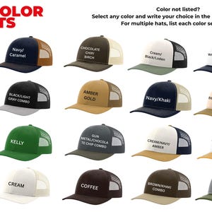 May include: A collection of trucker hats in various colors, including green, blue, and brown. Each hat features a mesh back and a solid front panel with text indicating the color combination. The text "NEW COLOR HATS" is at the top.