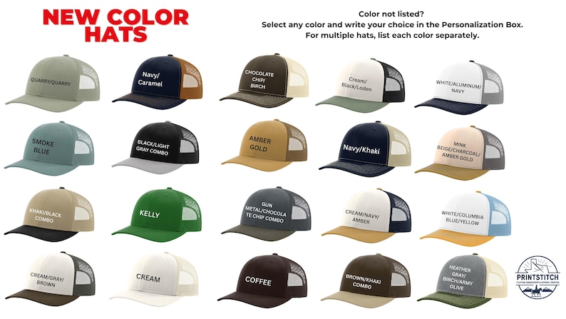 May include: A collection of trucker hats in various colors, including green, blue, and brown. Each hat features a mesh back and a solid front panel with text indicating the color combination. The text "NEW COLOR HATS" is at the top.