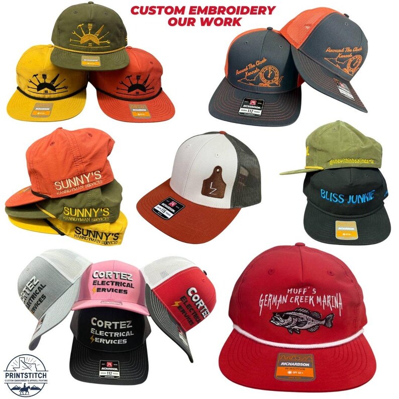 May include: A collection of custom embroidered baseball caps in various colors, including yellow, orange, gray, and red. Each cap features unique designs and text, such as "SUNNY'S" and "CORTEZ ELECTRICAL SERVICES". The phrase "CUSTOM EMBROIDERY OUR WORK" is also visible.
