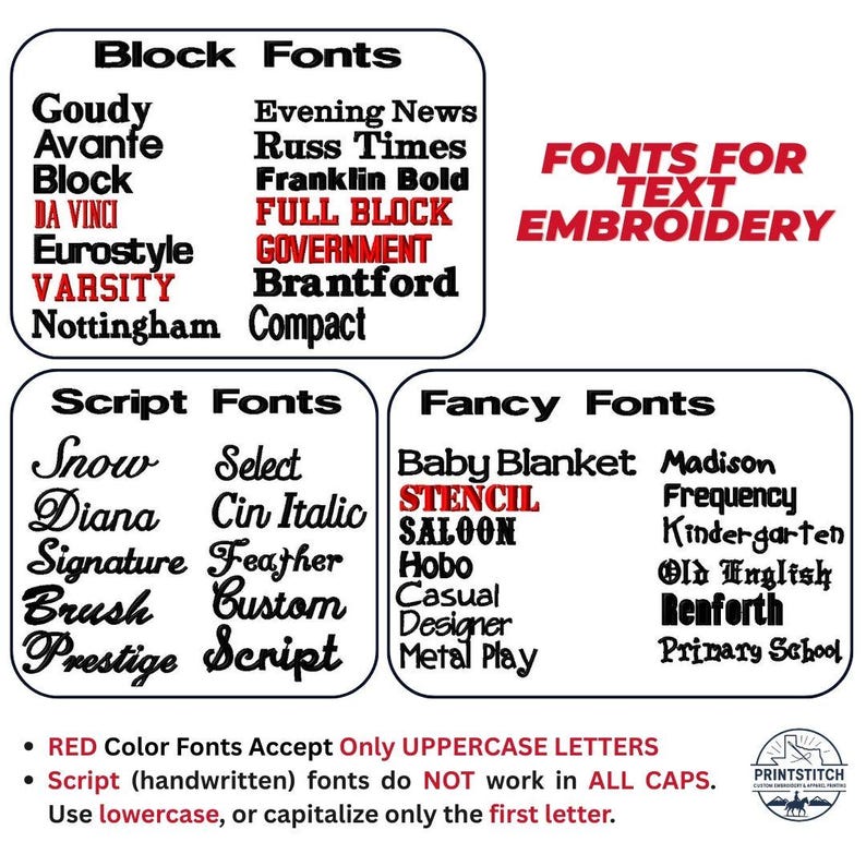 May include: Image showcasing font styles for text embroidery, categorized into Block, Script, and Fancy fonts. Includes examples like "Goudy," "Snow," and "Baby Blanket." Red fonts accept uppercase only, and script fonts don't work in all caps. "Fonts for Text Embroidery" is also displayed.
