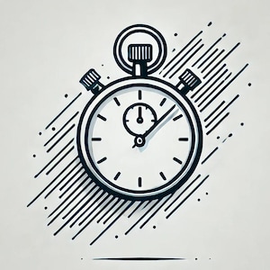 May include: A black and white line drawing of a stopwatch with a white background. The stopwatch has a large face with black markings and a small second hand.