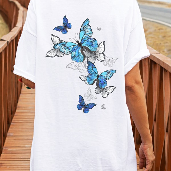 Unisex YOCE Butterfly T-Shirt, Butterfly blue, Butterflyflower Mix, Blue Butterfly Backprint, Trendy Shirt, Butterfly T-Shirt, Flower Shirt