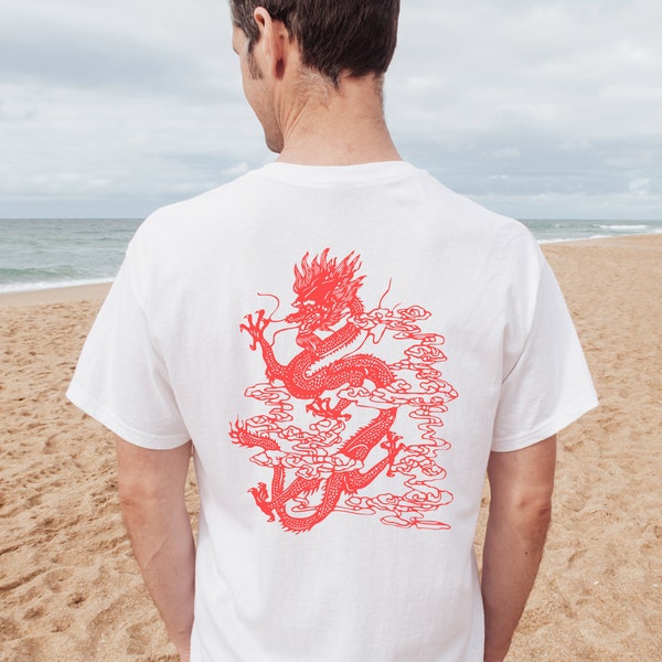 Chinese Dragon Shirt, China Shirt, Red Backprint, Unisex Shirt, Sommer Shirt, Urlaubs-Shirt, Weißes Shirt, Schwarzes Shirt, Chilliges Shirt