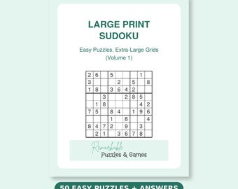 Large Print Sudoku Printable Puzzle Book, 50 Easy Puzzles with Extra Large Grids, PDF Instant Download, Gift for Seniors