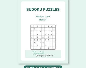 Medium Sudoku Book 4 Printable PDF, 50 New Intermediate Puzzles with Solutions, Brain Games Instant Download, Print or Tablet