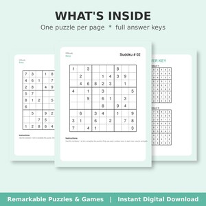 Sample pages from Easy Sudoku Book 1: the How to Play page, a puzzle page, and an answer key page.
