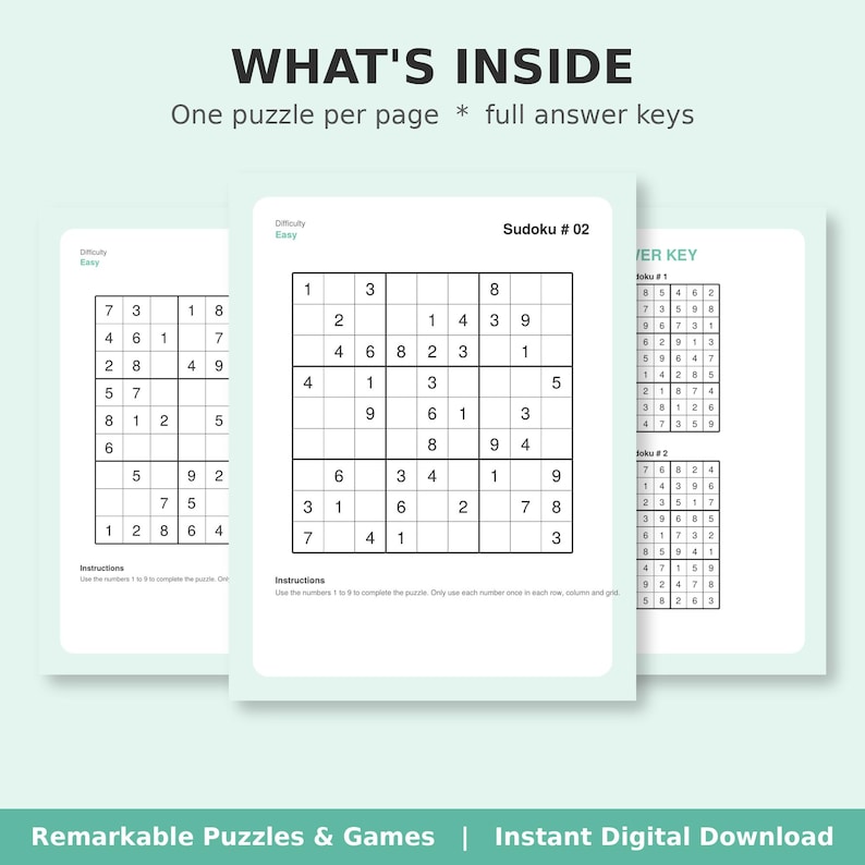 Sample pages from Easy Sudoku Book 1: the How to Play page, a puzzle page, and an answer key page.