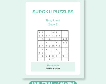 Peut inclure: Une couverture de livre de Sudoku numérique avec le texte SUDOKU PUZZLES, Easy Level (Book 3) et Remarkable Puzzles & Games. Le design inclut une grille avec des chiffres, l'étiquette 2 FILES: PRINT + TABLET et 50 PUZZLES + ANSWERS.