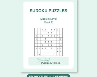 Medium Sudoku Puzzles PDF Book 2, 50 Intermediate Brain Games with Solutions, Printable and Tablet Friendly Digital Download