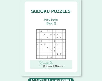 Hard Sudoku Book 3 Printable PDF, 50 Difficult Number Puzzles with Solutions, Challenging Brain Games Digital Download, Print or Tablet