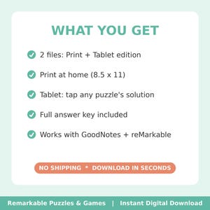 Checklist: two files (print and tablet editions), prints at home on 8.5 x 11 paper, tap any puzzle on a tablet to see its solution, full answer key, works with GoodNotes and reMarkable.