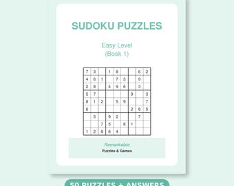 Peut inclure: Une couverture de livre de Sudoku numérique avec le texte SUDOKU PUZZLES, Easy Level (Book 1) et Remarkable Puzzles & Games. Le design inclut une grille 9x9 avec des chiffres, l'étiquette 2 FILES: PRINT + TABLET et 50 PUZZLES + ANSWERS.