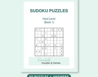 Hard Sudoku Printable Puzzle Book, 50 Difficult Puzzles with Solutions, Challenging PDF Instant Download, iPad and Print Ready
