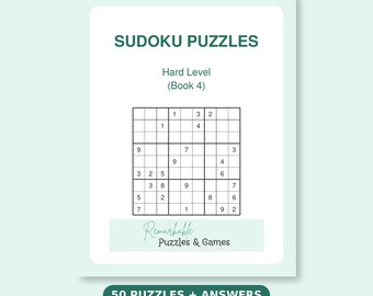 Hard Sudoku Book 4 Printable PDF, 50 New Challenging Puzzles with Answer Key, Difficult Brain Games Instant Download
