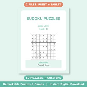 Cover of Easy Sudoku Book 1, a printable puzzle book sold as a print PDF and a tablet PDF.
