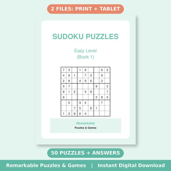 Easy Sudoku Printable Puzzle Book, 50 Large Print Puzzles with Solutions, Instant Download PDF for iPad, Kindle Scribe or Print at Home