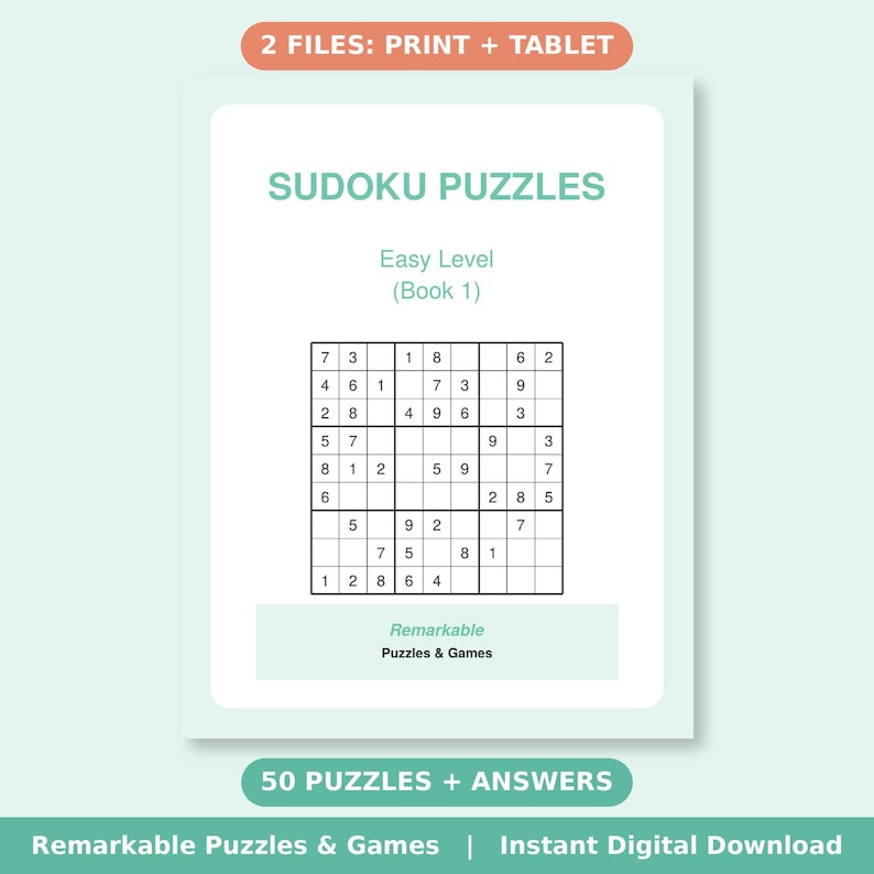 Cover of Easy Sudoku Book 1, a printable puzzle book sold as a print PDF and a tablet PDF.