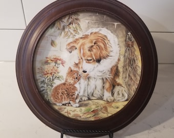 Vintage Framed Kitten Encounters Royal Worcester Puppy Pal Bone China Collector Plate