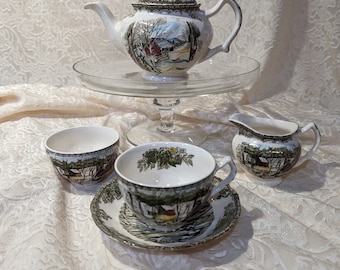 Friendly Village Vintage Pieces: Ice House Cup and Saucer Sets/Sugar Maples Teapot/Ice House Mini Open Sugar and Creamer Set