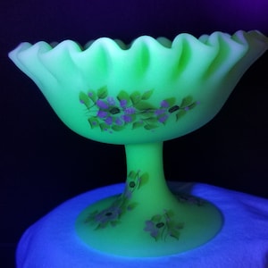 Vintage Fenton Uranium Glass Compote/Candy Dish with Ruffled Edge