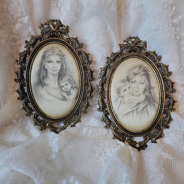 Set of 2 Giuseppe Tarantino La Maternita Serigraph Prints on Satin Framed Cameos