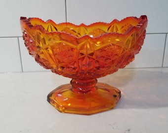 Vintage 1960's Kemple Wheaton Ornately Cut Amberina Footed Compote Pedestal Bowl with Sawtooth Rim, Carnival Glass