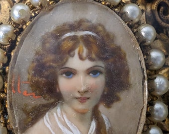 Vintage pair of Originals By Robert Hand-Painted Portrait Brooches in Velvet Lined Shadow Box