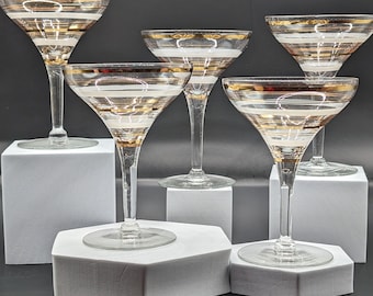 Mid-Century Modern Gold and White Striped Cordial Glasses Set of 5