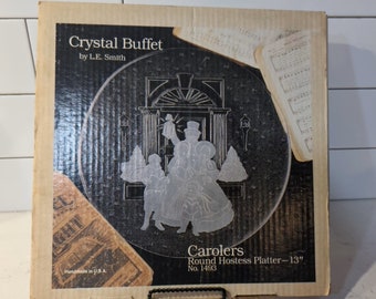 Vintage LE Smith 13&quot; Crystal  Buffet Carolers Round Hostess Platter in Original Box