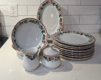 Lynn&#39;s Fine China in Christmas Holly and Berry Pattern Dinner Plates,Serving Bowls,Serving Platters,and Sugar and Creamers *Sold Separately*