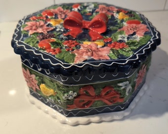Large Ceramic Holiday Cookie/Sweets Container Adorned with Poinsettias, Fruit and Bows