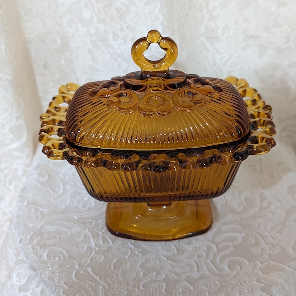 Vintage Indiana Glass Amber Oblong Filigree Edge Covered Candy Dish or Diamond Point Pedestal Covered Compote/Candy Dish *Price is PER ITEM*