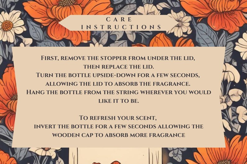 Pode incluir: Instru&ccedil;&otilde;es de cuidado para uma garrafa decorativa com um design floral. As instru&ccedil;&otilde;es explicam como remover a rolha, virar a garrafa de cabe&ccedil;a para baixo para absorver a fragr&acirc;ncia e refrescar o aroma.
